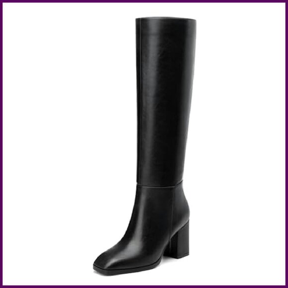 Knee High Boots Chunky Heel Square Toe 3 Inch Side Zipper Tall Boots - Picture 5 of 7